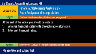 FABM2 Lesson 040  Financial Statements Analysis Ratio Analysis and Interpretation [upl. by Nilkcaj]