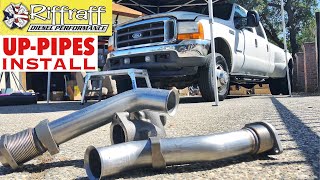 2001 F350 73  RiffRaff UpPipes Install  Stock up pipes leaking and falling apart JUNK SP [upl. by Ashmead18]