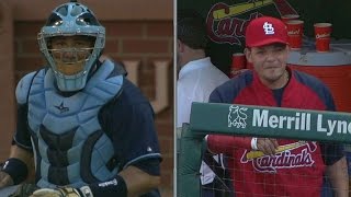 Yadier Molina leaves crackers for his brother Jose at the plate [upl. by Lorou]